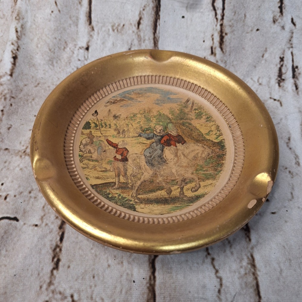 Vintage Giotto Italy Florentine Pottery Ashtray Gold Equestrian Horse Scene 6733